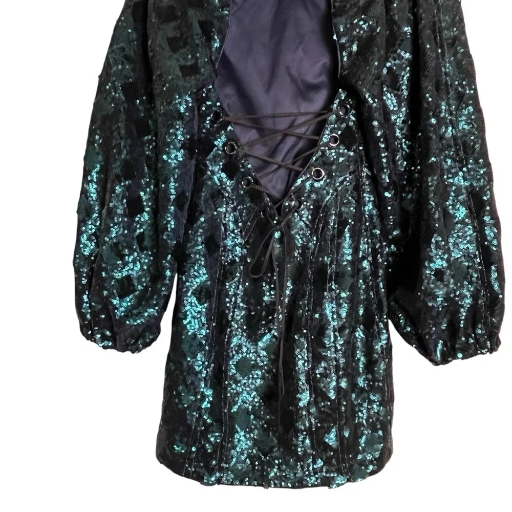 Free People Teal Sequined Chantes Holiday Backless Blouson Sleeves Dress Size 2